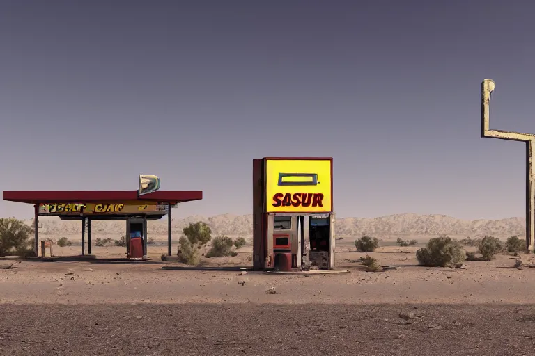 Image similar to an abandoned gas station in the desert, huge rusty sign in the foreground and a planet like Saturn with dust rings in the background, sunny day, wind and dust, low angle, 4k, ultra details, cinematic, epic style, beautiful photo, hyper realistic, octane render, unreal engine, award winning, on artstation, volumetric lightning, masterpiece, golden hour,