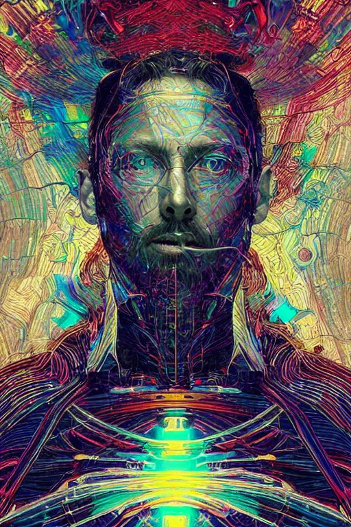 Image similar to A portrait of Thom Yorke as a cyberpunk android, iridescent highlights, surrounded by digital swirls, highly detailed, intricate, soft, sci-fi, sharp focus, subsurface scattering, art by Caravaggio, Moebius, Greg Rutkowski, Alphonse Mucha, Norman Rockwell