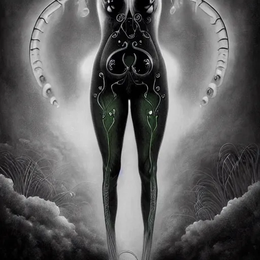 Prompt: By Tom Bagshaw, ultra realist soft painting of curiosities carnival by night, very beautiful full bodysuit massive tentacles bioluminescence, symmetry accurate features, very intricate details, ominous sky, black and white, volumetric light clouds