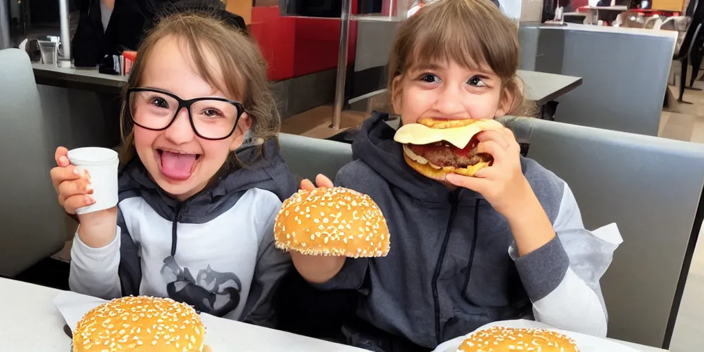 Prompt: a little hamster eating a burger at kfc, looking very happy