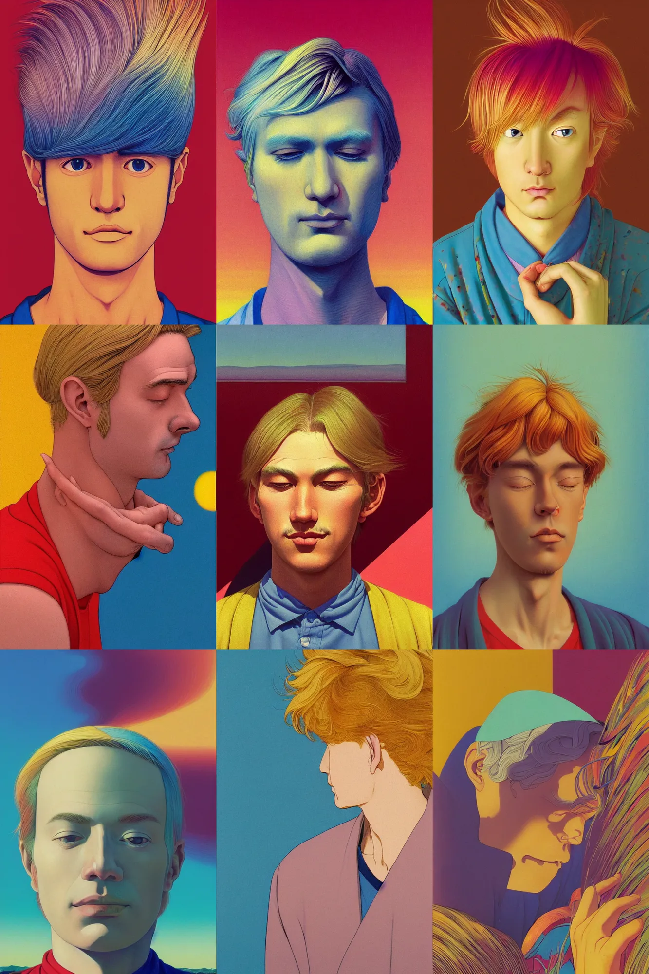 Prompt: a colorful vibrant closeup portrait of a simple european man with blonde hair parted in the middle with a calm aesthetic face and dreaming psychedelic hair, by kawase hasui, moebius, edward hopper and james gilleard, zdzislaw beksinski, steven outram colorful flat surreal design, hd, 8 k, artstation