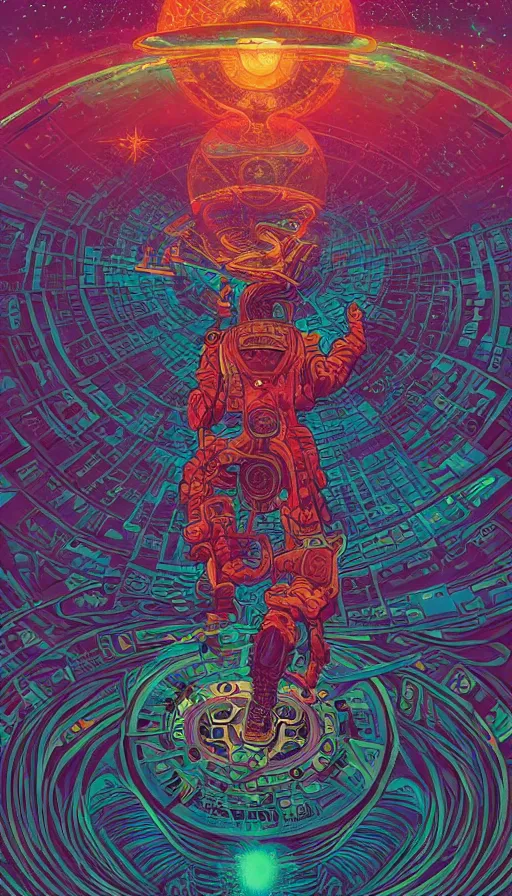 Image similar to the psychedelic adventures of the cosmic time traveller journeying through the ancient oracle of the cosmos, futurism, dan mumford, victo ngai, kilian eng, da vinci, josan gonzalez