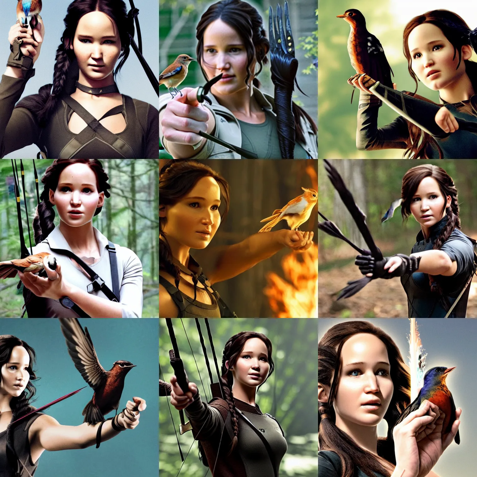 Prompt: Katniss Everdeen holding a bird in the palm of her hand, posing to the camera
