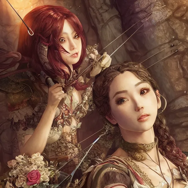 Image similar to the portrait of lawful neutral semi - colorful female archer socialite as absurdly beautiful, gorgeous, elegant, young gravure idol, an ultrafine hyperdetailed illustration by kim jung gi, irakli nadar, intricate linework, bright colors, octopath traveler, final fantasy, unreal engine 5 highly rendered, global illumination, radiant light, detailed and intricate environment