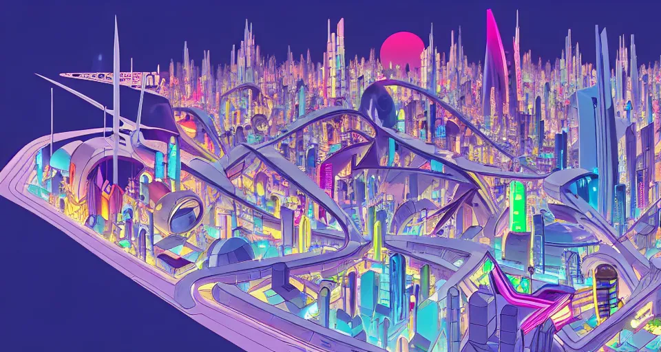 Prompt: a layout of amazing brightly colored sci - fi city designed by zaha hadid, cinematic lighting, detailed, beautiful colors, by greg rutowski and studio ghibli