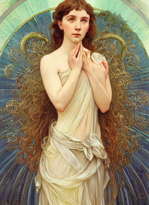 Prompt: realistic detailed painting of a 2 1 - year old girl who resembles millie bobby brown and saoirse ronan, as an angel with a golden halo, by alphonse mucha, ayami kojima amano, charlie bowater, karol bak, greg hildebrandt