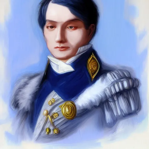 Prompt: Portrait of BeasttrollMC as Napoleon Bonaparte, asian race, blue hair