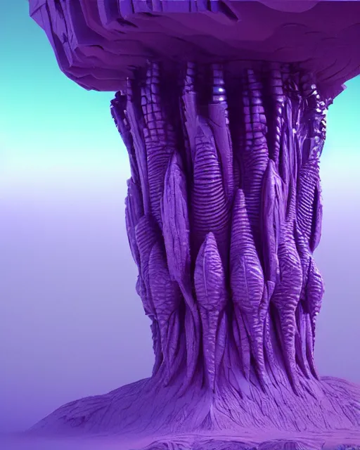 Image similar to detailed painting giant alien tower carved out of complex bone with royal purple quartz rendered in cinema 4 d octane