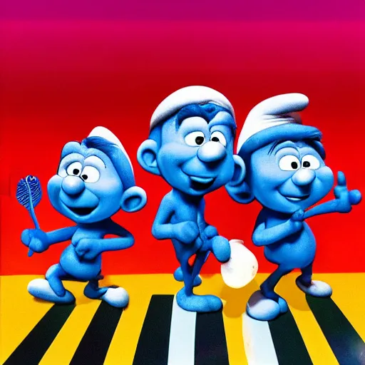 Image similar to the smurfs on the beatles album cover, 8 k resolution hyperdetailed surrealism