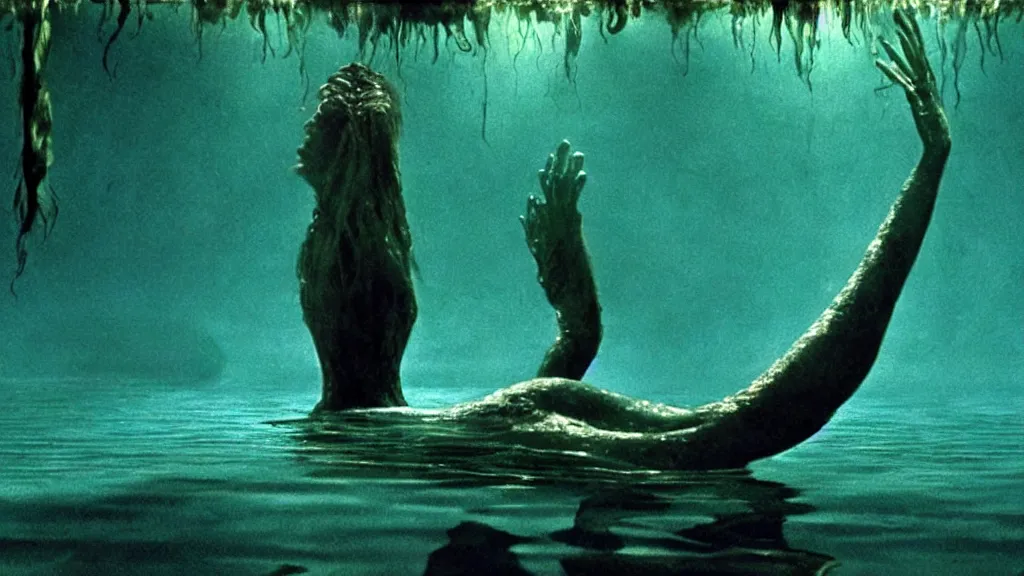 Image similar to the creature swims, water caustics, film still from the movie directed by denis villeneuve and david cronenberg with art direction by salvador dali and dr. seuss