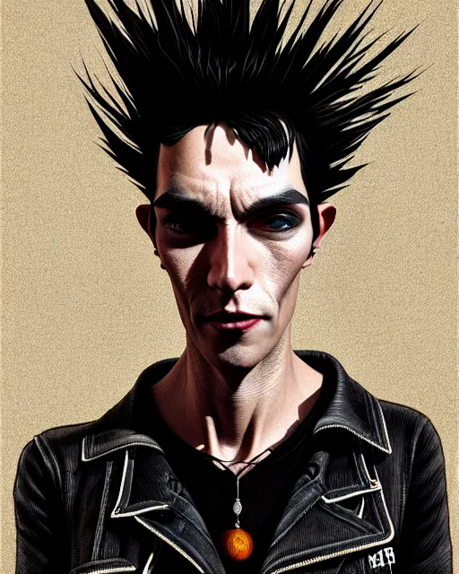 Prompt: portrait of a punk rock teenger with a crooked nose and a confident expression, 1 9 7 0 s, punk rock clothes, punk, rockabilly hair, funky, intricate, elegant, highly detailed, digital painting, artstation, concept art, smooth, sharp focus, illustration, art by wlop, mars ravelo and greg rutkowski