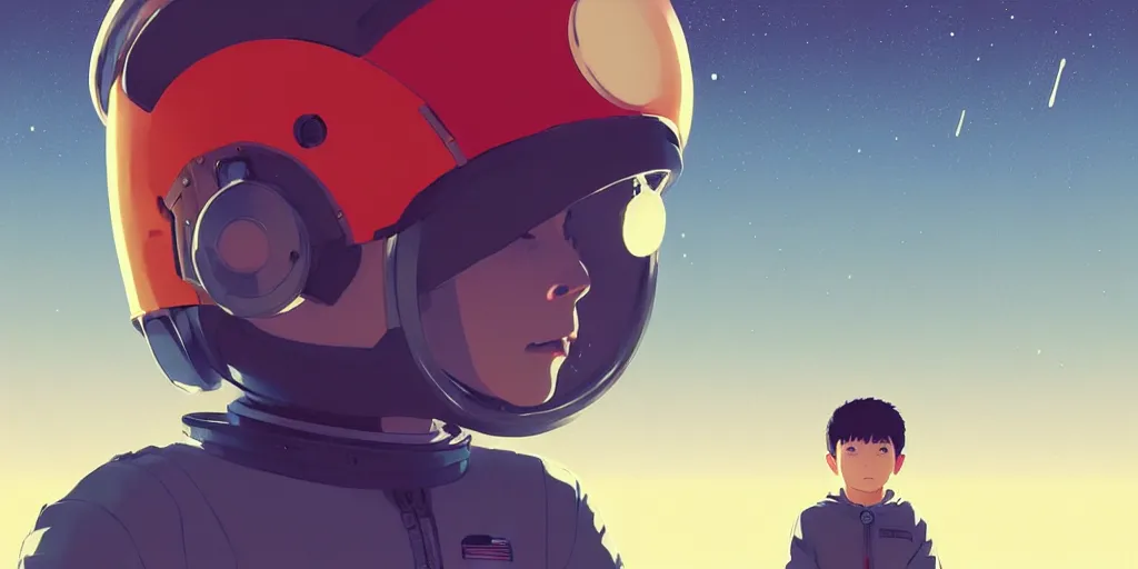 Image similar to 3 d portrait of a boy with astronaut helmets by ilya kuvshinov, cloudy sky background lush landscape ln illustration concept art anime key visual trending pixiv by victo ngai fanbox by greg rutkowski makoto shinkai takashi takeuchi studio ghibli