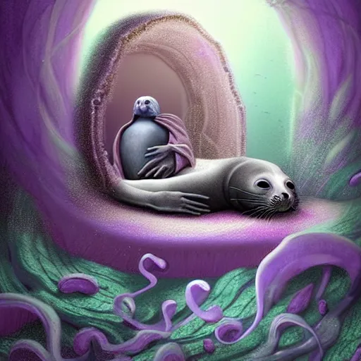 Image similar to beautiful digital fantasy illustration of a Prince in pastel!!!, whimsical acrylic modern pop surrealism, Even Giger-y dark overlords living in the ruins of an ancient system of tunnels and caves like to be comfy every once in a while!, A seal sleeping peacefully in a kelp forest, highly detailed, soft lighting, rendered in octane, masterpiece, very very very aesthetic