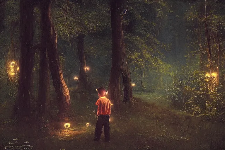 Prompt: a black boy in the middle of a magical forest with glow-worm lights near a lake, by Norman Rockwell, Greg Rutkowski and Mattias Adolfson, ((((volumetric lighting)))).