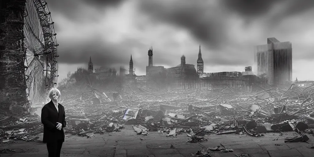 Image similar to a portrait of Boris Johnson standing in front a nuclear landscape of the southbank centre in london, the london eye and big ben are still standing, collapsed brutalist architecture, groups of human figures stagger amongst the ruins, fog, dust atmosphere, brooding clouds, mushroom cloud, detailed, 4k