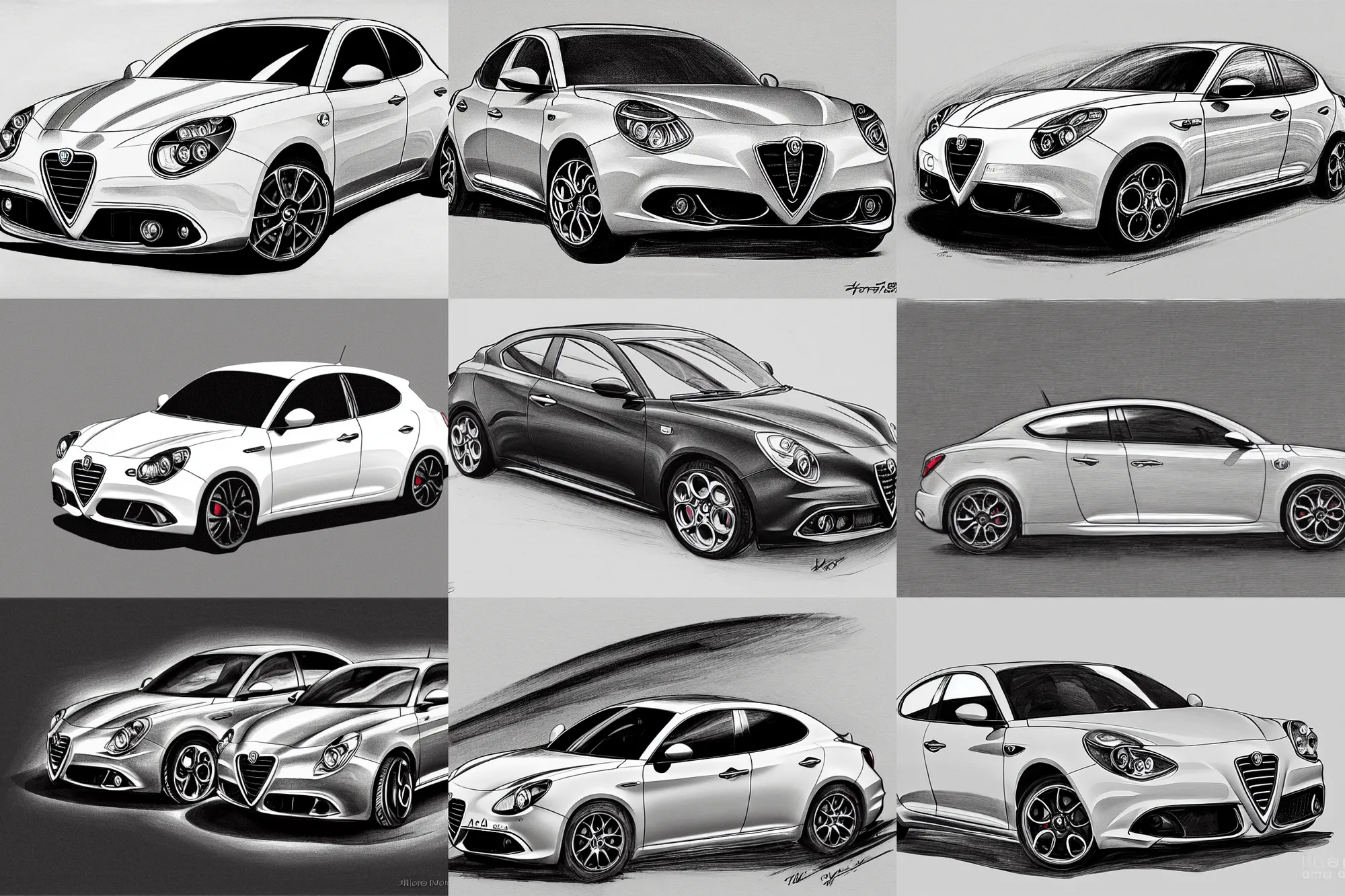 Prompt: alfa romeo giulietta, black and white, sketch, detailed