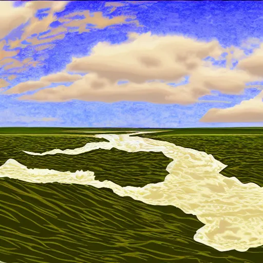 Image similar to digital art painting of a river running through the plains, very mediocre, not detailed at all.