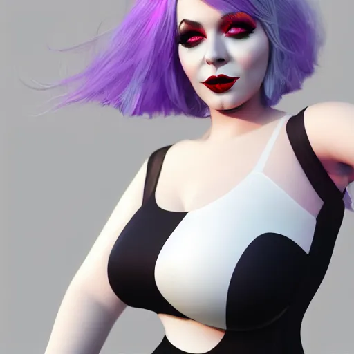 Image similar to curvy feminine goth young woman with dignified tight nylon dress, white hair, red lipstick, purple makeup, relaxed posture, photorealistic, cgsociety, sublime, 16k, smooth, sharp focus, ArtStation, hyperdetailed, volumetric lighting