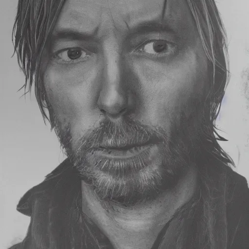 Image similar to Thom Yorke, a man with a beard and a black jacket, a portrait by John E. Berninger, dribble, neo-expressionism, uhd image, studio portrait, 1990s