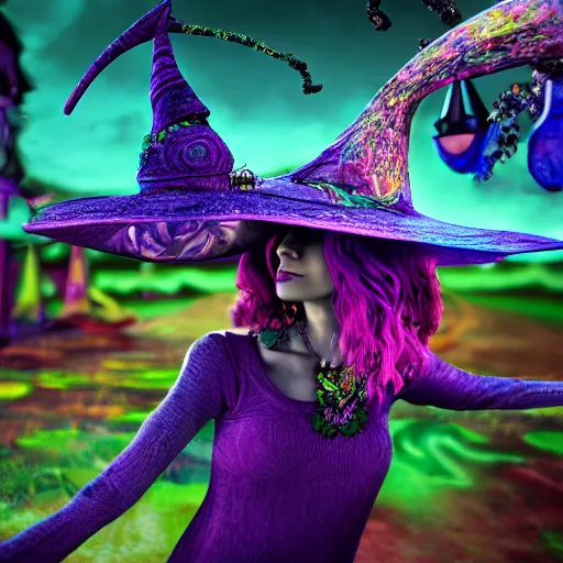 Prompt: psychadelic witch with a witch hat, hyper detailed, flowing psychadelic background intricate and detailed, 8 k, octane render