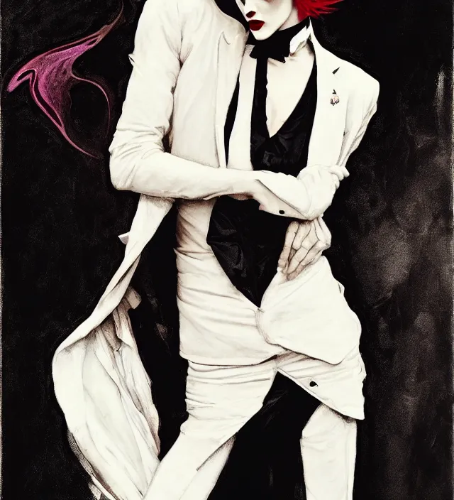 Image similar to stunning portrait of highly details androgynous ruby rose as desire from sandman, rockabilly style, by ego shield, by alphonse mucha, by jeremy mann, by peter lindbergh, dave mckean, by maurice sapiro, by frank moth, white suit and black tie, soft lightning, high detailed, 8 k