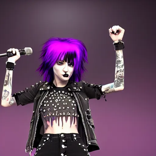 Prompt: high detail unreal engine render of a punk woman in a cropped t - shirt and studded arm bands and a studded belt and ripped black jeans with purple emo hair screaming into a microphone in pixar style 4 k