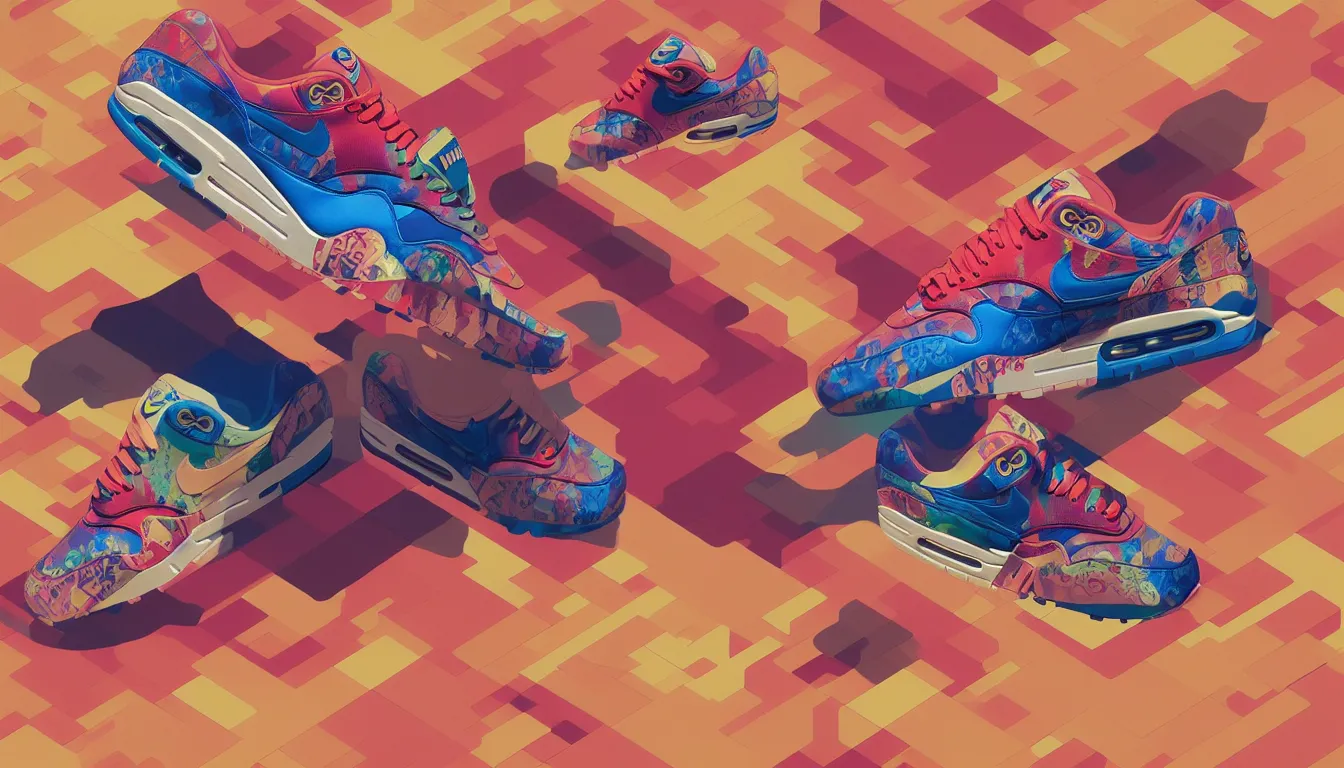 Image similar to excellent painted isometric view of 'nike air max 1', high quality masterpiece painted, patterned background, 4k, trending on artstation, octane render, art by James Jean and artgerm and greg rutkowski and alphonse mucha and craig mullins and James Jean and Andrei Riabovitchev and Marc Simonetti and peter mohrbacher