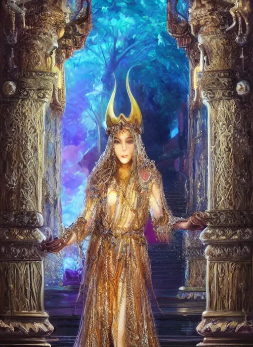 Image similar to soft focus oil painting on canvas of beautiful full body concept art, beautiful faced female priestess with shiny hair wearing full intricate clothing standing in a slimy temple, godray, intricate lighting, micro detail, cg society