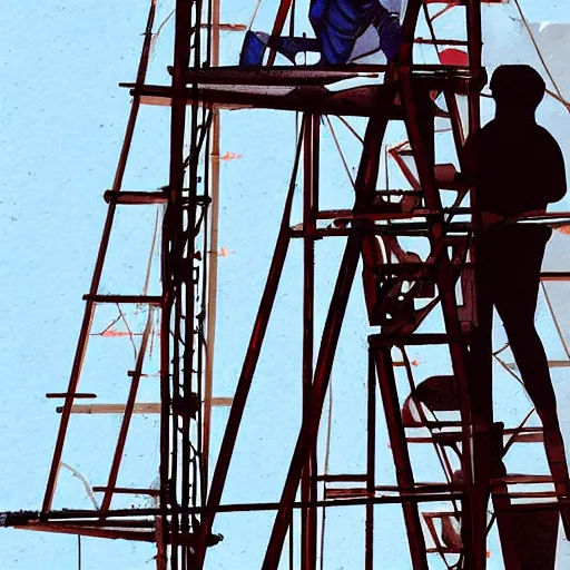 Prompt: man bear rigging a stage on a scaffold, art by dima yastronaut