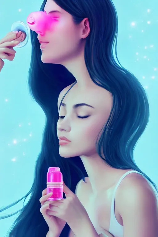 Prompt: Beautiful, Cute Woman Breathing Through a Handheld Pink Vapor Inhaler in her Mouth, side view, fantasy, magic, ultra detailed, digital art, trending on artstation, illustration