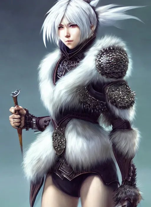 Image similar to warrior, fur - lined wolf armor!!! beautiful and elegant white hair female!! monster hunter!! character concept art, sharp focus, octane render! unreal engine 5! highly rendered!! trending on artstation!! detailed linework!! illustration by artgerm, wlop, and chie yoshii