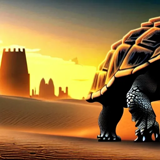 Image similar to Large Fantasy Cityscape located on the back of a Giant tortoise stomping through the hot sunny desert, High detail, Dungeons and Dragons 4k