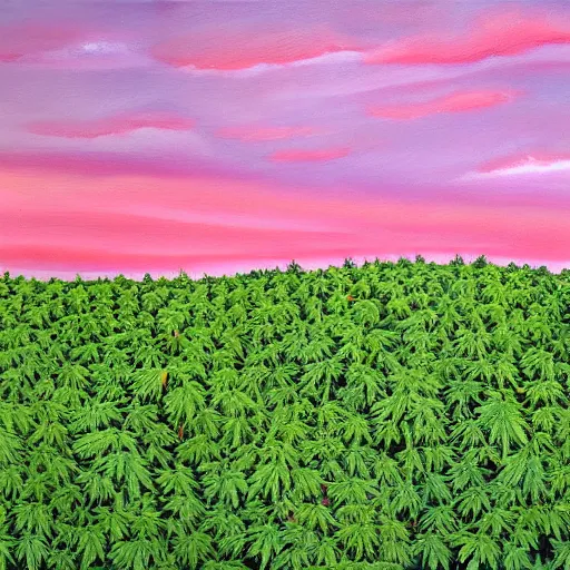 Image similar to vast garden of marijuana reaching to the horizon, painting