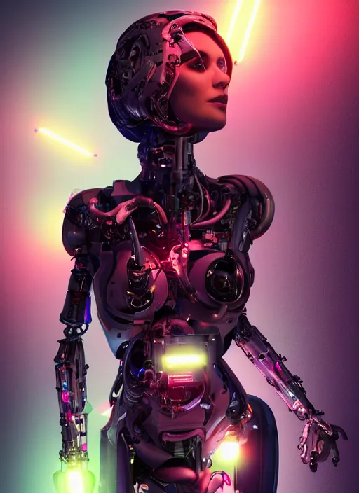 Image similar to photorealistic detailed full body picture of a female cyborg, pretty face with arms and legs, glamour pose, long hair, neon lights, humanoid, extreme, uhdr, book called the most influental cyborg in 2 0 5 0, fine details, highly detailed, intricate, smooth sharp focus, symmetrical features, environmental portrait, realistic render