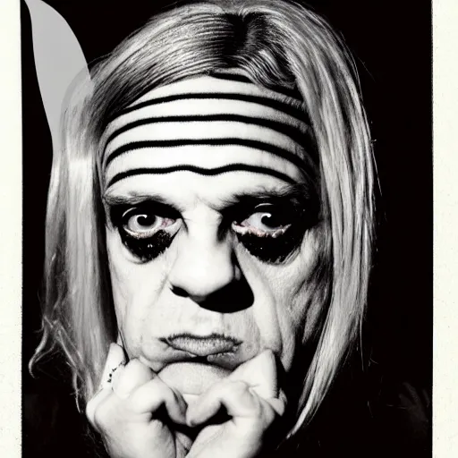 Prompt: genesis p-orridge, staring with eyes wide open, frontal photograph, with wings, in the style of Trevor brown