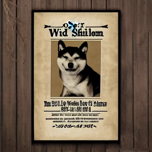Image similar to shiba inu wanted poster old timey wild west, sepia photo curling paper