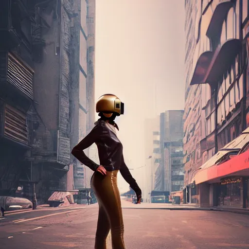 Image similar to a fashion model in helmet, creative, brown skin, digital art, photo manipulation, artstation, standing, cyberpunk, giant, street, duck shoes, up there, photoshop, futuristic
