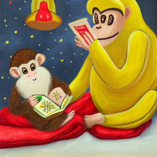 Prompt: a banana wearing a Christmas sweater reading a bedtime story to a monkey, oil painting, realistic