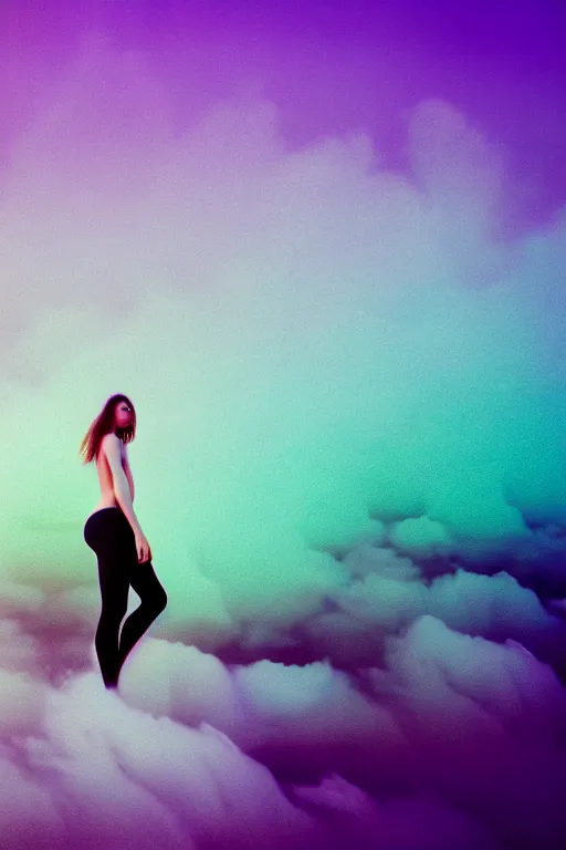 Image similar to high quality pastel coloured film close up wide angle photograph of a model wearing clothing swimming on cloud furniture in a icelandic black rock!! environment in a partially haze filled dreamstate world. three point light, rainbow. photographic production. art directed. pastel colours. volumetric clouds. pastel gradient overlay. waves glitch artefacts. extreme facial clarity. 8 k. filmic.