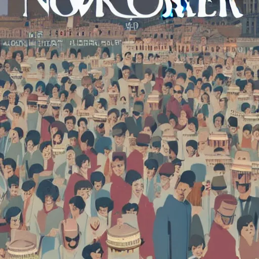 Image similar to cover of newyorker of Paris without water, over crowded by bots, wes anderson style,