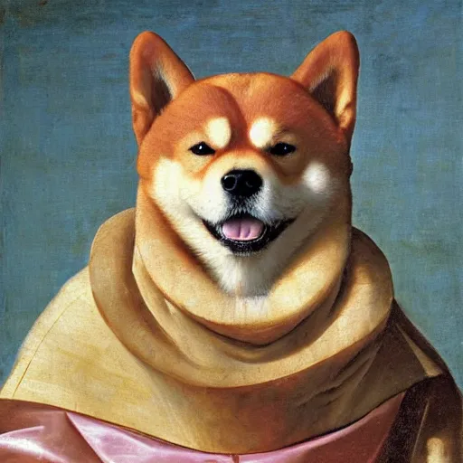 Prompt: renaissance oil painting, portrait of a shiba inu dog wearing a royal crown