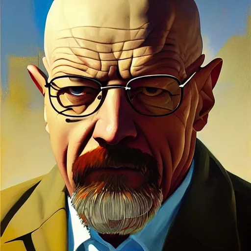 Image similar to Greg Manchess portrait painting of Walther White from breaking bad as Overwatch character, medium shot, asymmetrical, profile picture, Organic Painting, sunny day, Matte Painting, bold shapes, hard edges, street art, trending on artstation, by Huang Guangjian and Gil Elvgren and Sachin Teng