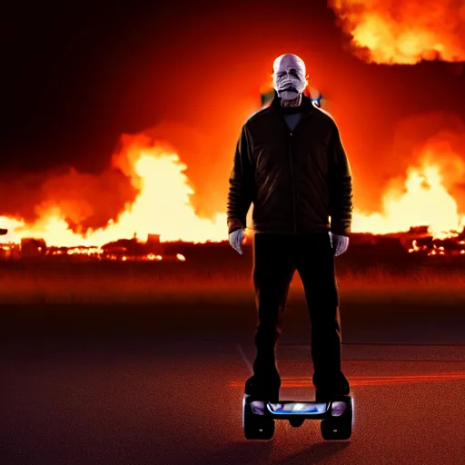 Prompt: Photo of Walter White standing on a hoverboard with several burning buildings behind him, cinematic lighting, highly detailed, 8k