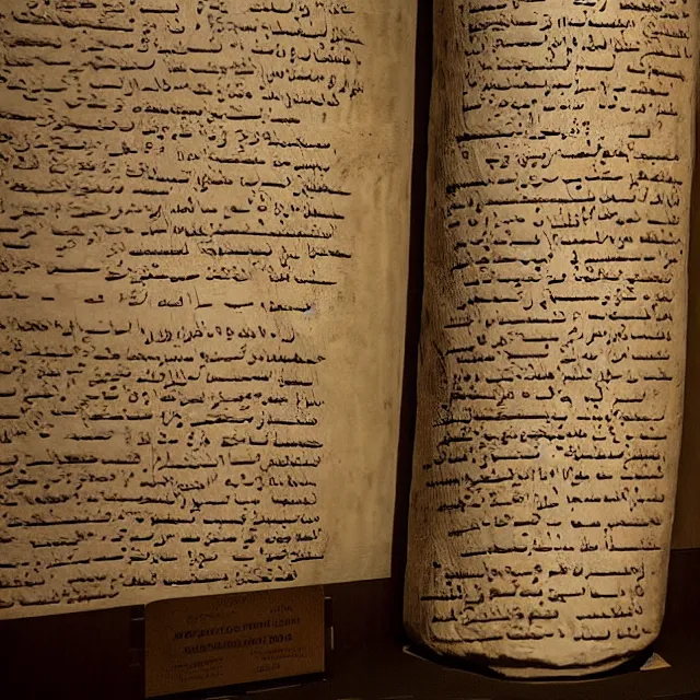 Image similar to a photo of a museum display showing a cylindrical clay holding a dead sea scroll with nabeatean writing, dark, brooding, atmospheric, volume lighting