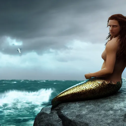 Image similar to Tom Hiddlestone as a beautiful mermaid sitting on a rock in the middle of a stormy ocean, watching the seagulls flying above him, hyperrealistic, hyperdetailed, depth of field, High definition, 8k, octane render, artstation