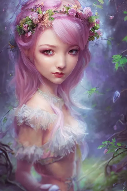 Image similar to a cute fairy in the dreamy forest, fantasy, 8 k resolution, hyper detailed, d & d, character design, digital painting, trending on artstation, sharp focus, illustration, art by artgerm, steve zheng, fuji choko, viktoria gavrilenko, hoang lap