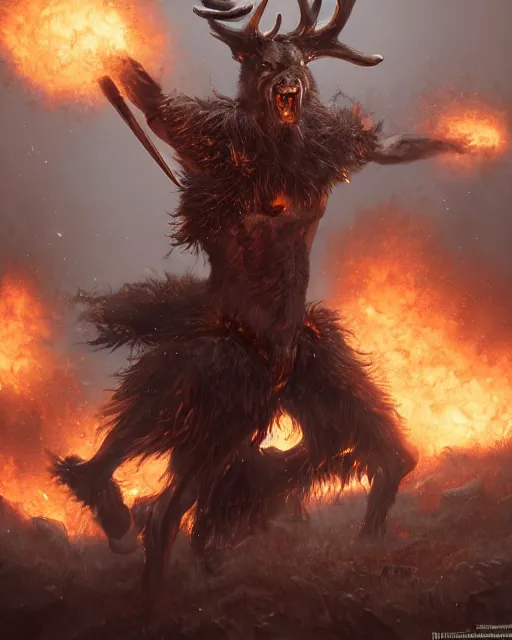 Image similar to oil painting of Angry Anthropomorphized Deer Berserker, wearing fur armor, claws, sharp focus, attack pose, fantasy style, octane render, volumetric lighting, 8k high definition, by greg rutkowski, highly detailed, trending on art Station, magic the gathering artwork, burning Battlefield background, centered