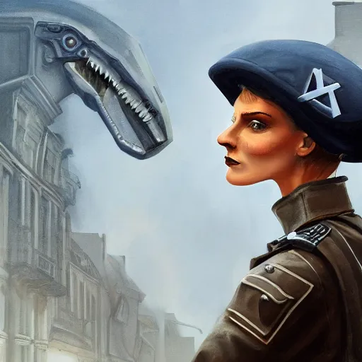 Image similar to a detailed matte painting of a aetherpunk cyborg velociraptor wearing a beret, in nazi occupied france, french resistance, 8 k, artstation, art in a noir crime novel style