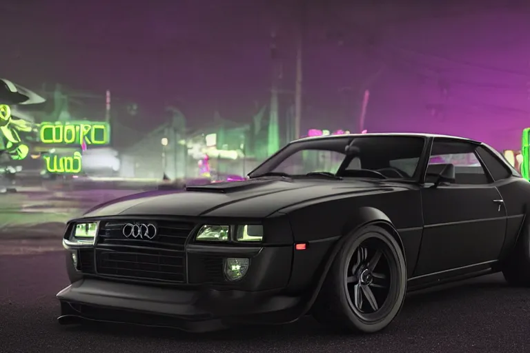 Image similar to widebody all black audi camaro b 1 ( 1 9 6 9 ), need for speed : carbon, at night, sci - fi, neon lines, phonk music background, smoke behind wheels, noise, dark, establishing shot, by simon stalenhag