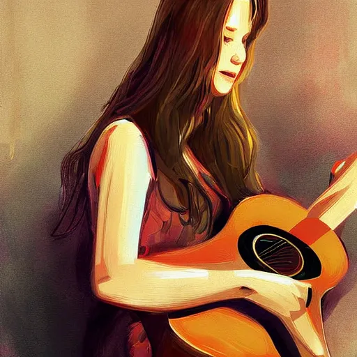 Prompt: a young lady playing guitar, Digital art, by wlop